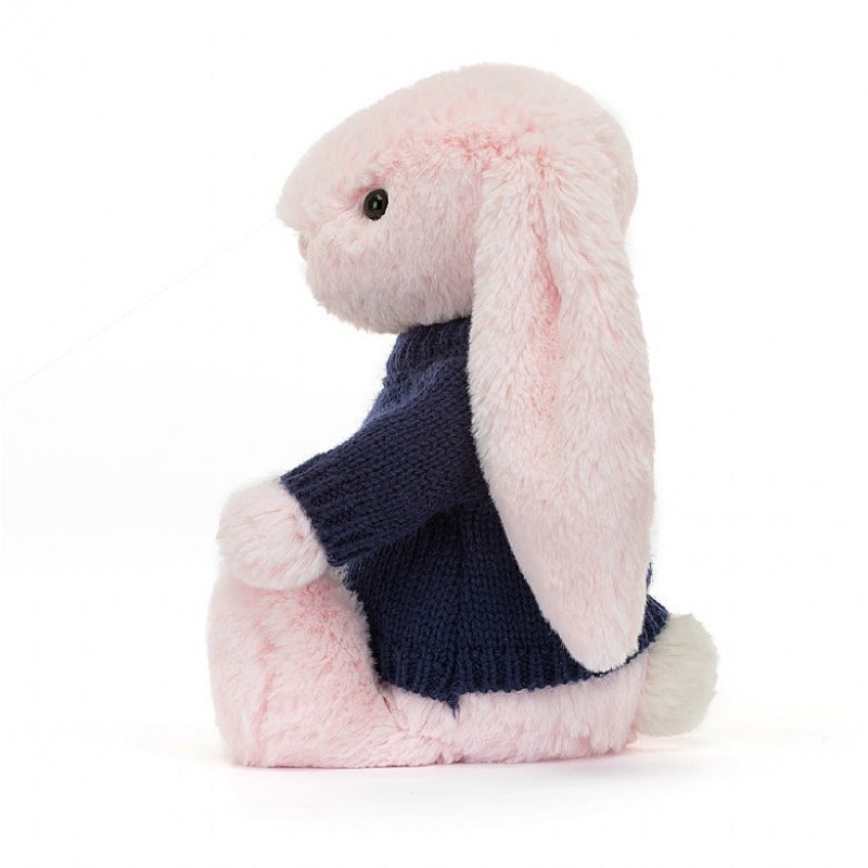 MEDIUM Jellycat Bashful Pink Bunny with Personalised Navy Jumper 31 CM X 12 CM, Jellycat USA | GU4538129