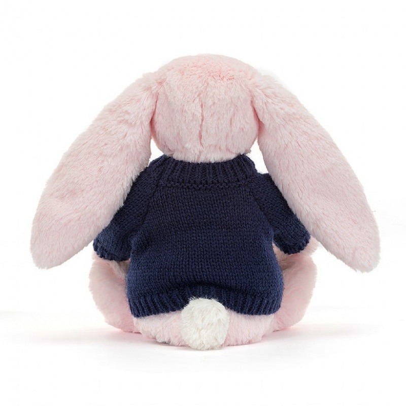 MEDIUM Jellycat Bashful Pink Bunny with Personalised Navy Jumper 31 CM X 12 CM, Jellycat USA | GU4538129