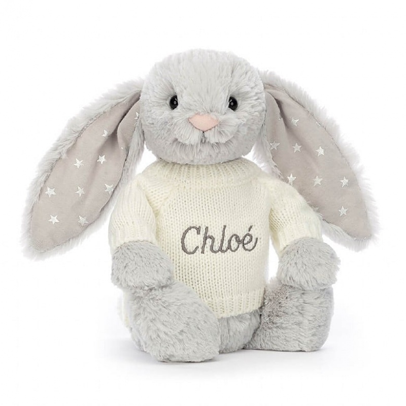 MEDIUM Jellycat Bashful Shimmer Bunny with Personalised Cream Jumper 31 CM X 12 CM, Jellycat USA | MD9348625