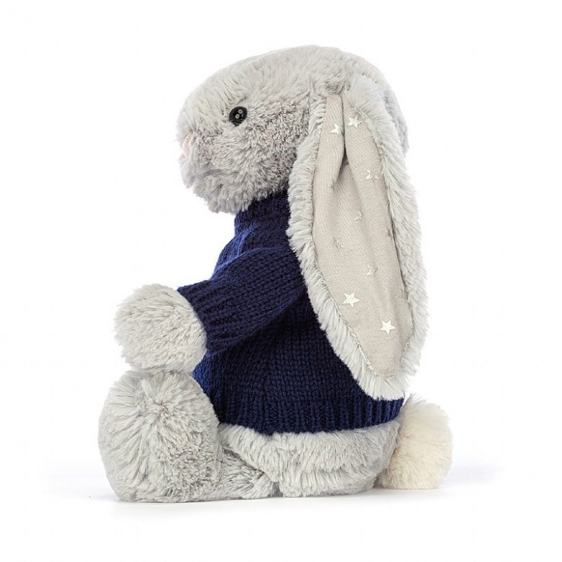 MEDIUM Jellycat Bashful Shimmer Bunny with Personalised Navy Jumper 31 CM X 12 CM, Jellycat USA | UY1260437