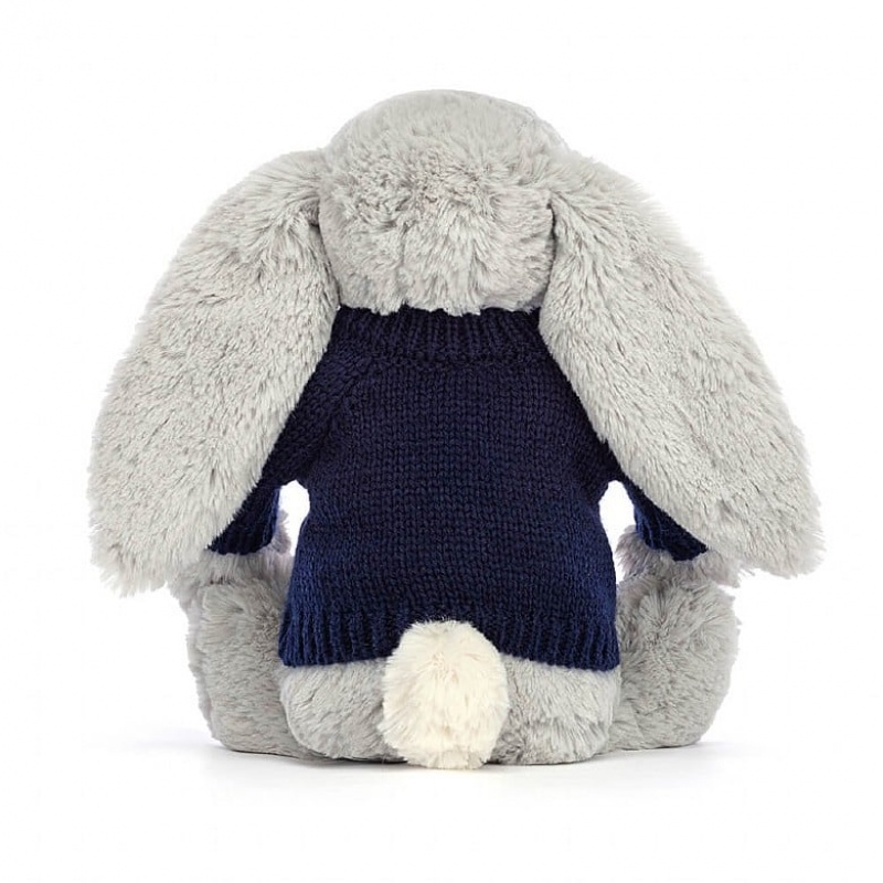 MEDIUM Jellycat Bashful Shimmer Bunny with Personalised Navy Jumper 31 CM X 12 CM, Jellycat USA | UY1260437