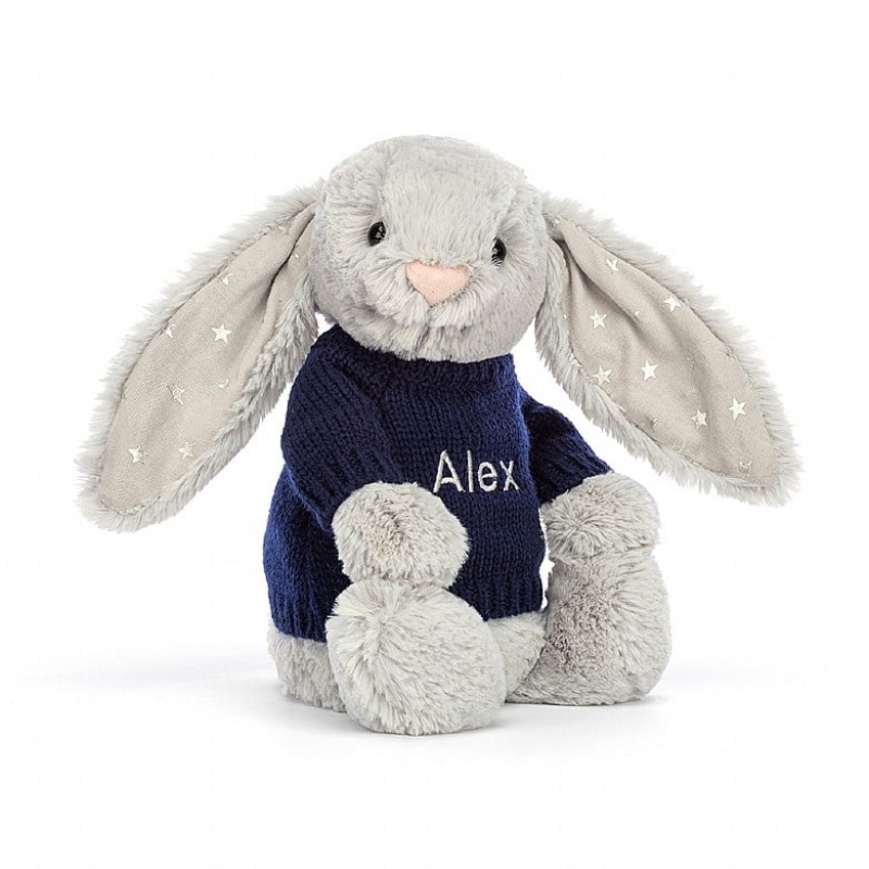 MEDIUM Jellycat Bashful Shimmer Bunny with Personalised Navy Jumper 31 CM X 12 CM, Jellycat USA | UY1260437