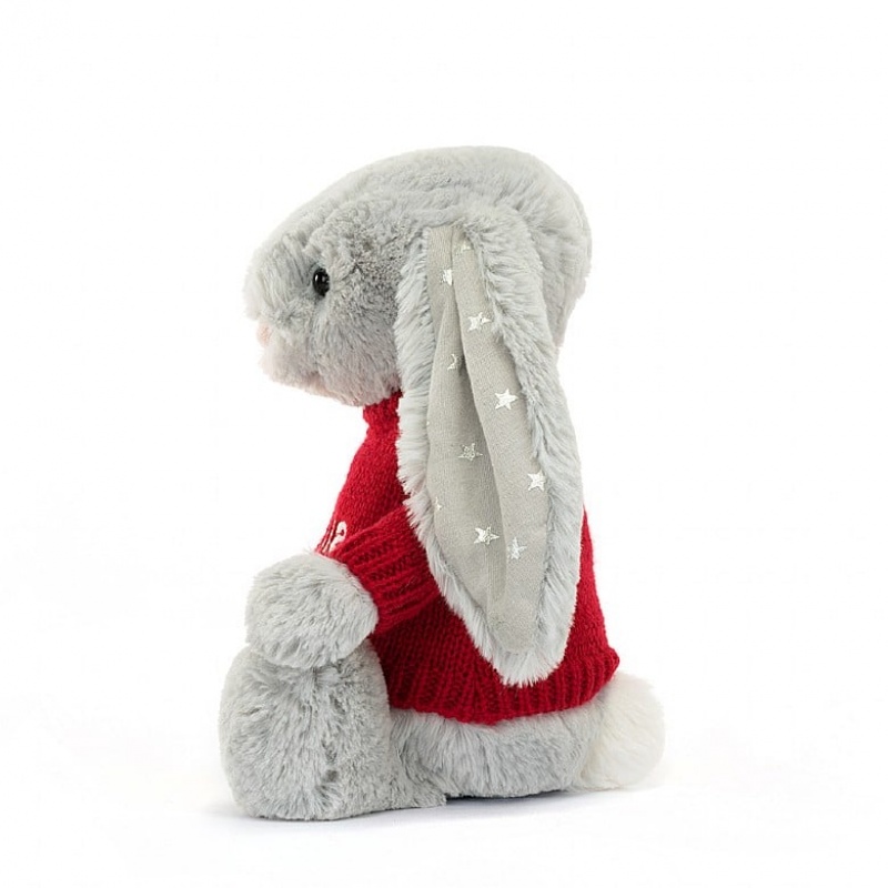 MEDIUM Jellycat Bashful Shimmer Bunny with Personalised Red Jumper 31 CM X 12 CM, Jellycat USA | KG2467391