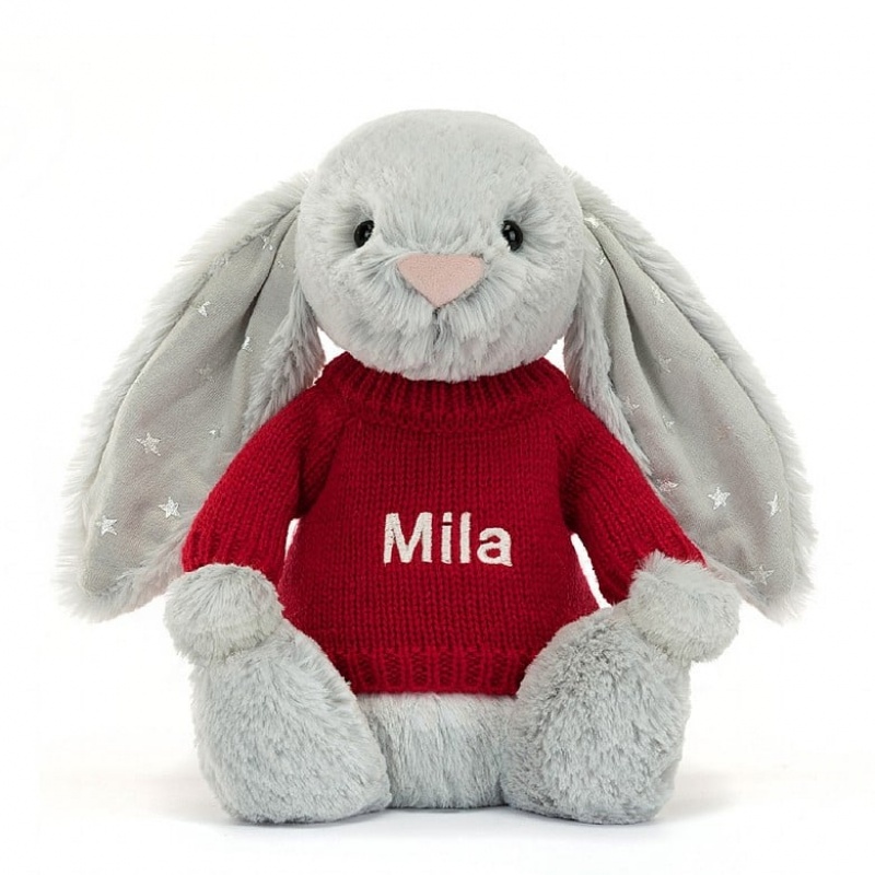 MEDIUM Jellycat Bashful Shimmer Bunny with Personalised Red Jumper 31 CM X 12 CM, Jellycat USA | KG2467391