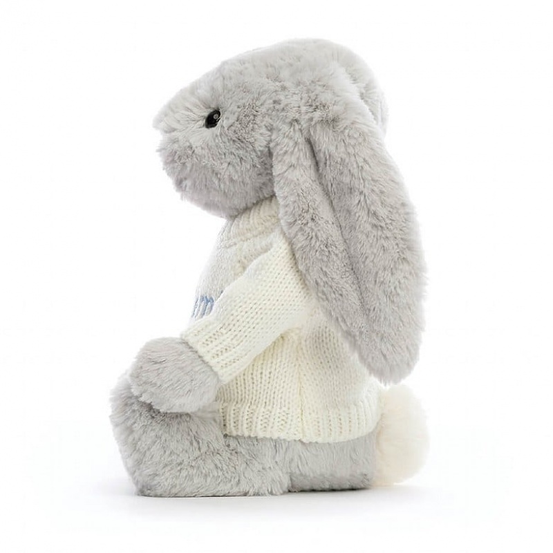 MEDIUM Jellycat Bashful Silver Bunny with Personalised Cream Jumper 31 CM X 12 CM, Jellycat USA | SQ6792541