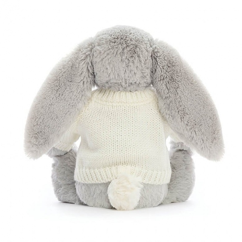 MEDIUM Jellycat Bashful Silver Bunny with Personalised Cream Jumper 31 CM X 12 CM, Jellycat USA | SQ6792541