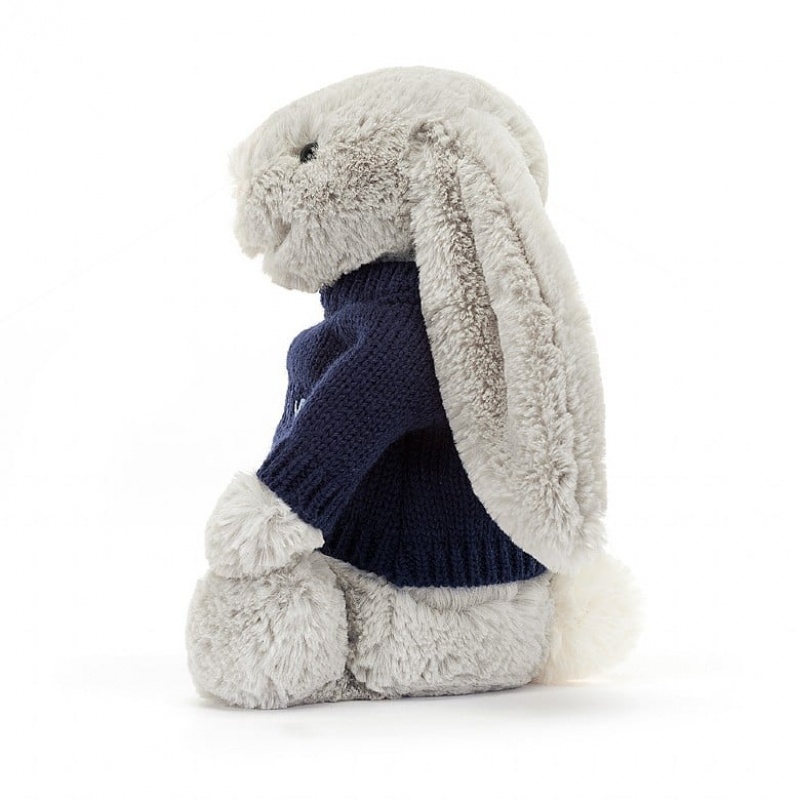 MEDIUM Jellycat Bashful Silver Bunny with Personalised Navy Jumper 31 CM X 12 CM, Jellycat USA | RK6423187