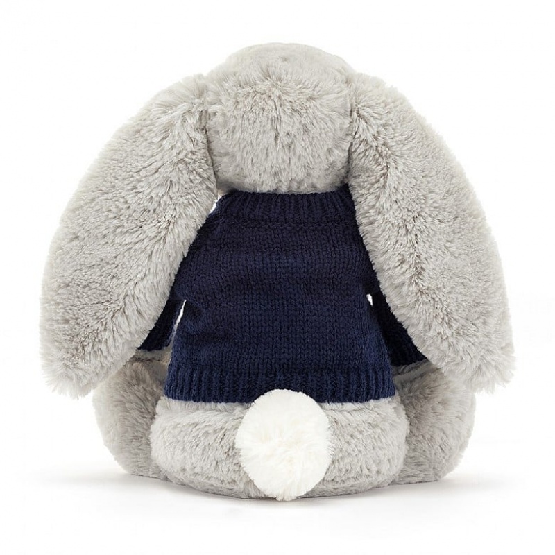 MEDIUM Jellycat Bashful Silver Bunny with Personalised Navy Jumper 31 CM X 12 CM, Jellycat USA | RK6423187