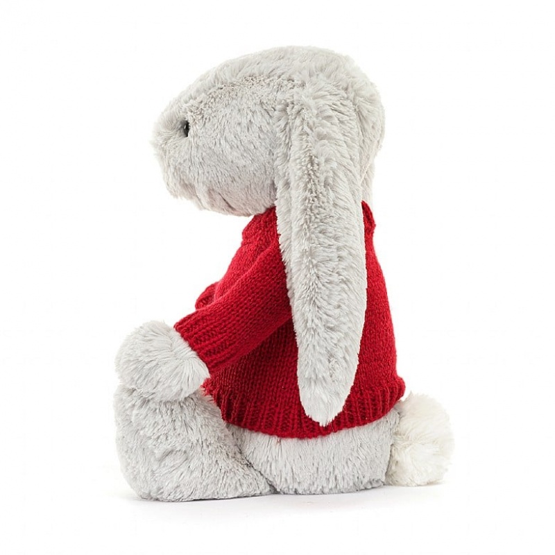 MEDIUM Jellycat Bashful Silver Bunny with Personalised Red Jumper 31 CM X 12 CM, Jellycat USA | MZ7825304