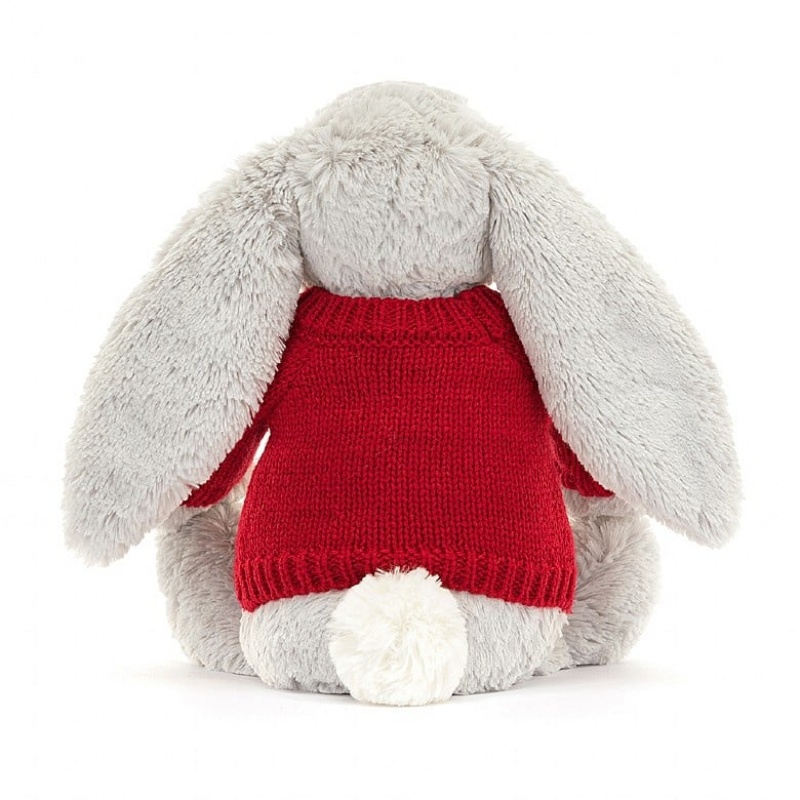 MEDIUM Jellycat Bashful Silver Bunny with Personalised Red Jumper 31 CM X 12 CM, Jellycat USA | MZ7825304