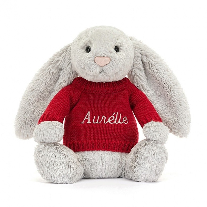 MEDIUM Jellycat Bashful Silver Bunny with Personalised Red Jumper 31 CM X 12 CM, Jellycat USA | MZ7825304