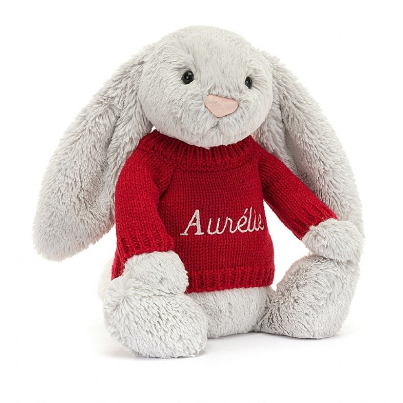 MEDIUM Jellycat Bashful Silver Bunny with Personalised Red Jumper 31 CM X 12 CM, Jellycat USA | MZ7825304