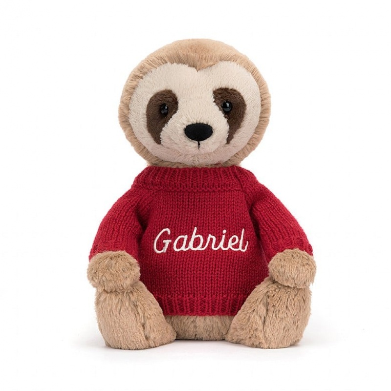 MEDIUM Jellycat Bashful Sloth with Personalised Red Jumper 28 CM X 12 CM, Jellycat USA | AL2850436