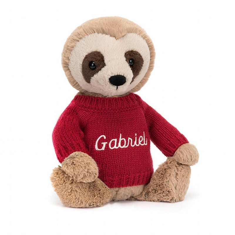 MEDIUM Jellycat Bashful Sloth with Personalised Red Jumper 28 CM X 12 CM, Jellycat USA | AL2850436