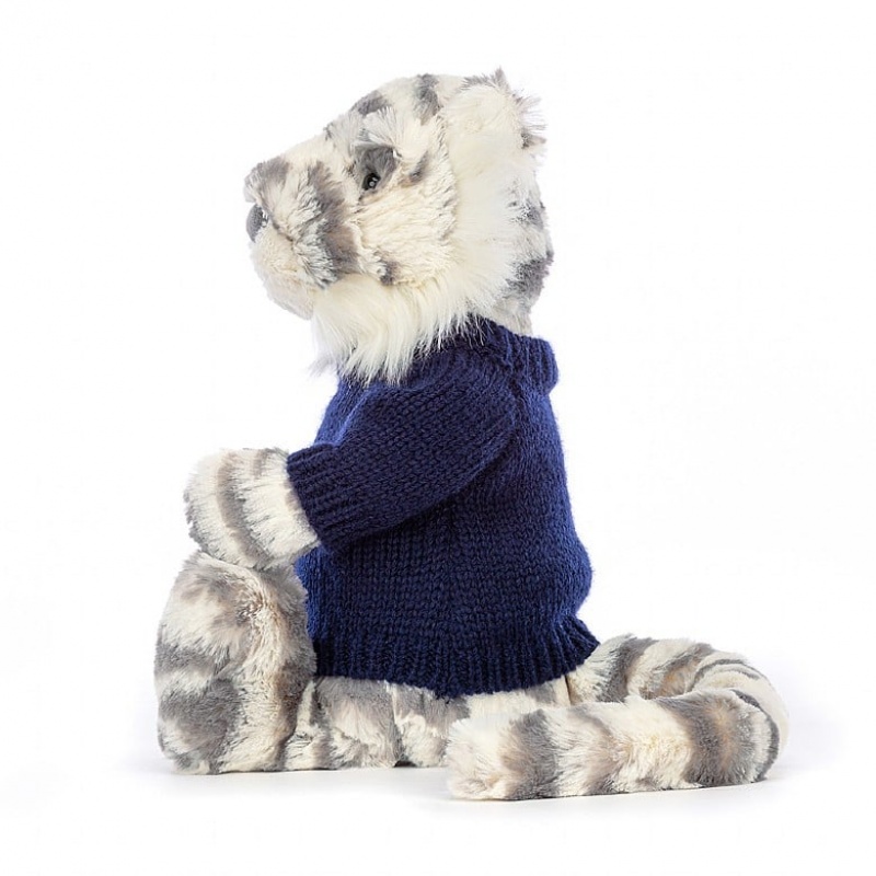 MEDIUM Jellycat Bashful Snow Tiger with Personalised Navy Jumper 31 CM X 12 CM, Jellycat USA | BK8591427