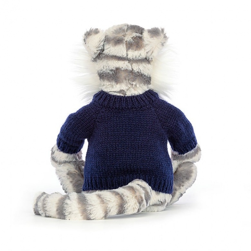 MEDIUM Jellycat Bashful Snow Tiger with Personalised Navy Jumper 31 CM X 12 CM, Jellycat USA | BK8591427