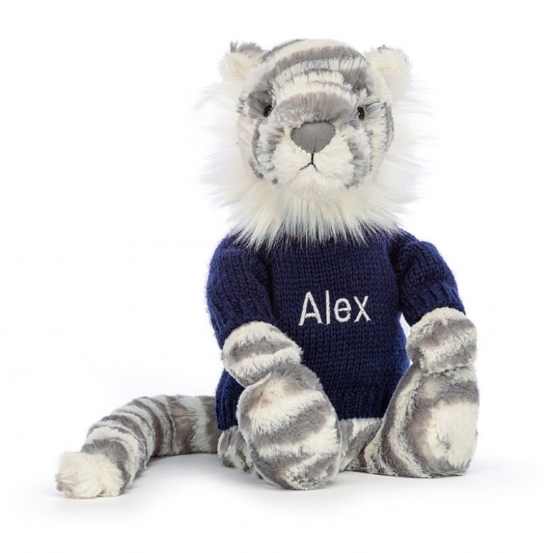 MEDIUM Jellycat Bashful Snow Tiger with Personalised Navy Jumper 31 CM X 12 CM, Jellycat USA | BK8591427