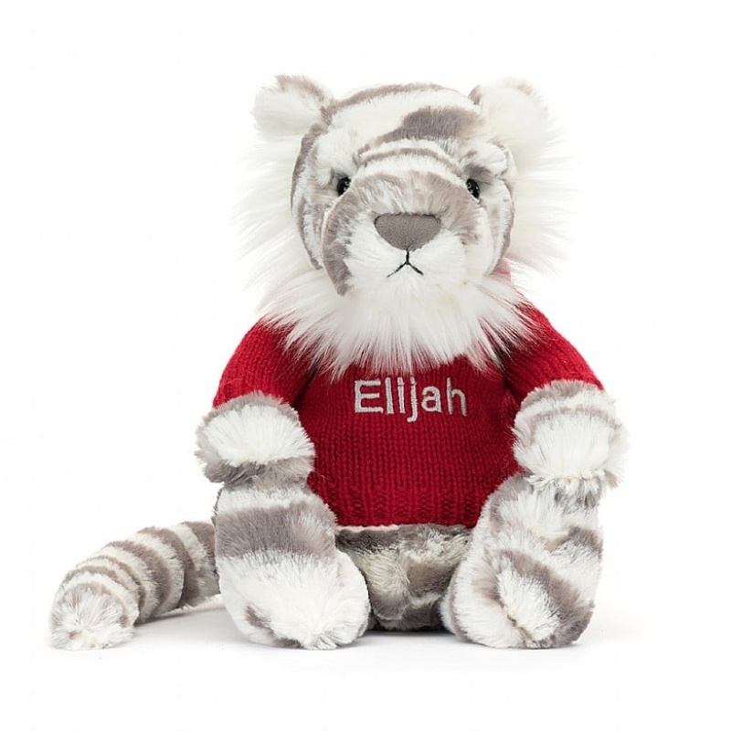 MEDIUM Jellycat Bashful Snow Tiger with Personalised Red Jumper 31 CM X 12 CM, Jellycat USA | WF1695072