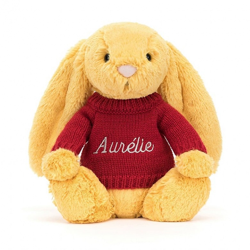 MEDIUM Jellycat Bashful Sunshine Bunny with Personalised Red Jumper 31 CM X 12 CM, Jellycat USA | ZA7195208