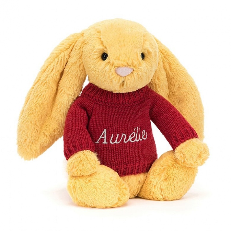 MEDIUM Jellycat Bashful Sunshine Bunny with Personalised Red Jumper 31 CM X 12 CM, Jellycat USA | ZA7195208