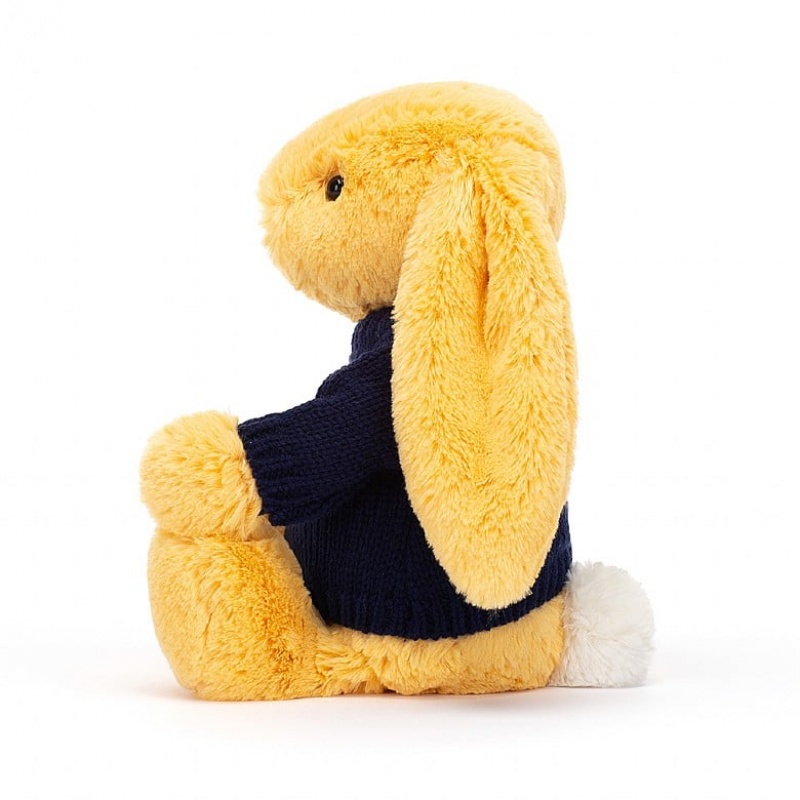 MEDIUM Jellycat Bashful Sunshine Bunny with Personalised Navy Jumper 31 CM X 12 CM, Jellycat USA | DX1098725