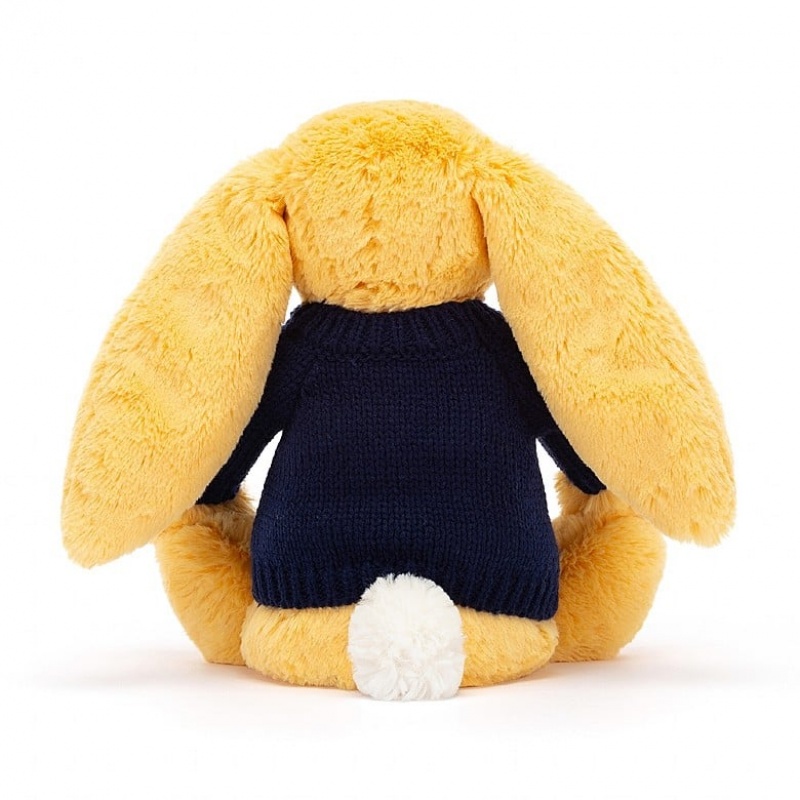 MEDIUM Jellycat Bashful Sunshine Bunny with Personalised Navy Jumper 31 CM X 12 CM, Jellycat USA | DX1098725