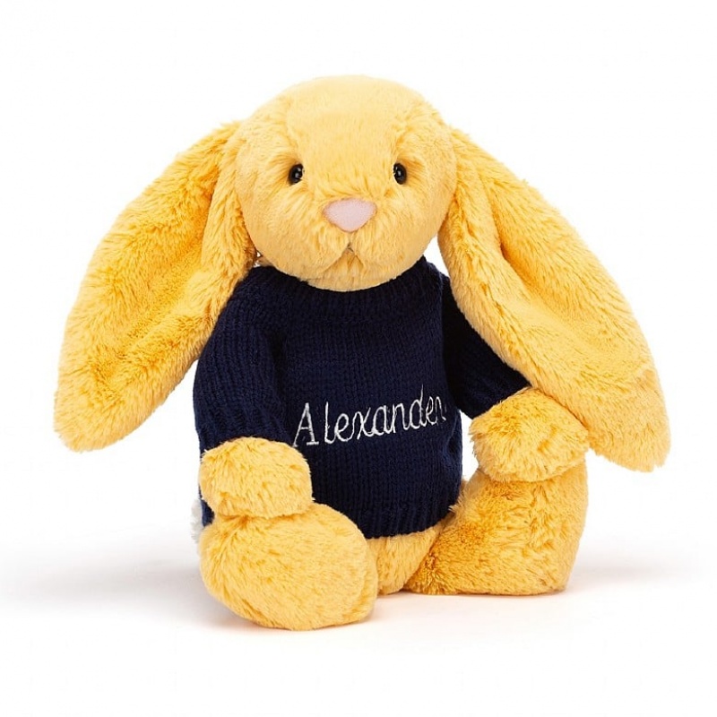 MEDIUM Jellycat Bashful Sunshine Bunny with Personalised Navy Jumper 31 CM X 12 CM, Jellycat USA | DX1098725