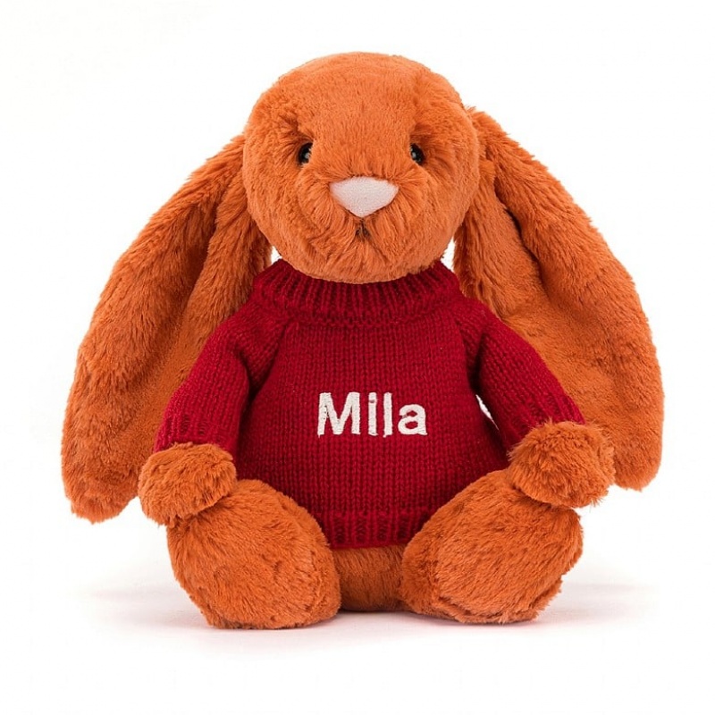 MEDIUM Jellycat Bashful Tangerine Bunny with Personalised Red Jumper 31 CM X 12 CM, Jellycat USA | OU8056932