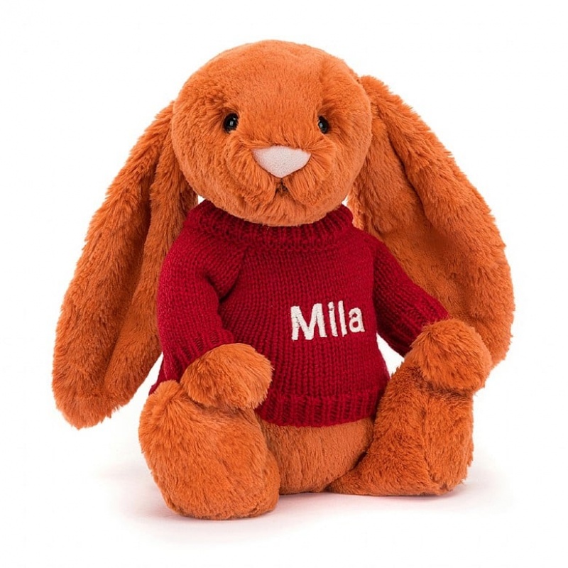 MEDIUM Jellycat Bashful Tangerine Bunny with Personalised Red Jumper 31 CM X 12 CM, Jellycat USA | OU8056932