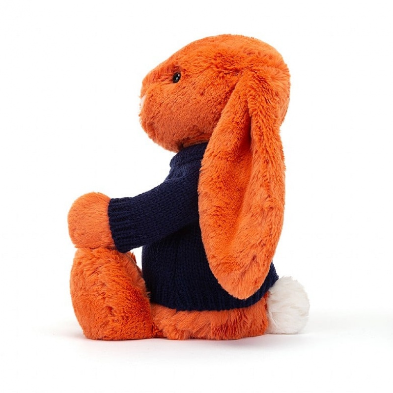 MEDIUM Jellycat Bashful Tangerine Bunny with Personalised Navy Jumper 31 CM X 12 CM, Jellycat USA | QR5937608