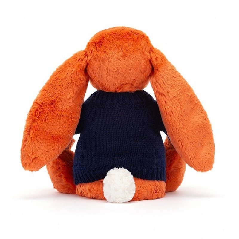 MEDIUM Jellycat Bashful Tangerine Bunny with Personalised Navy Jumper 31 CM X 12 CM, Jellycat USA | QR5937608