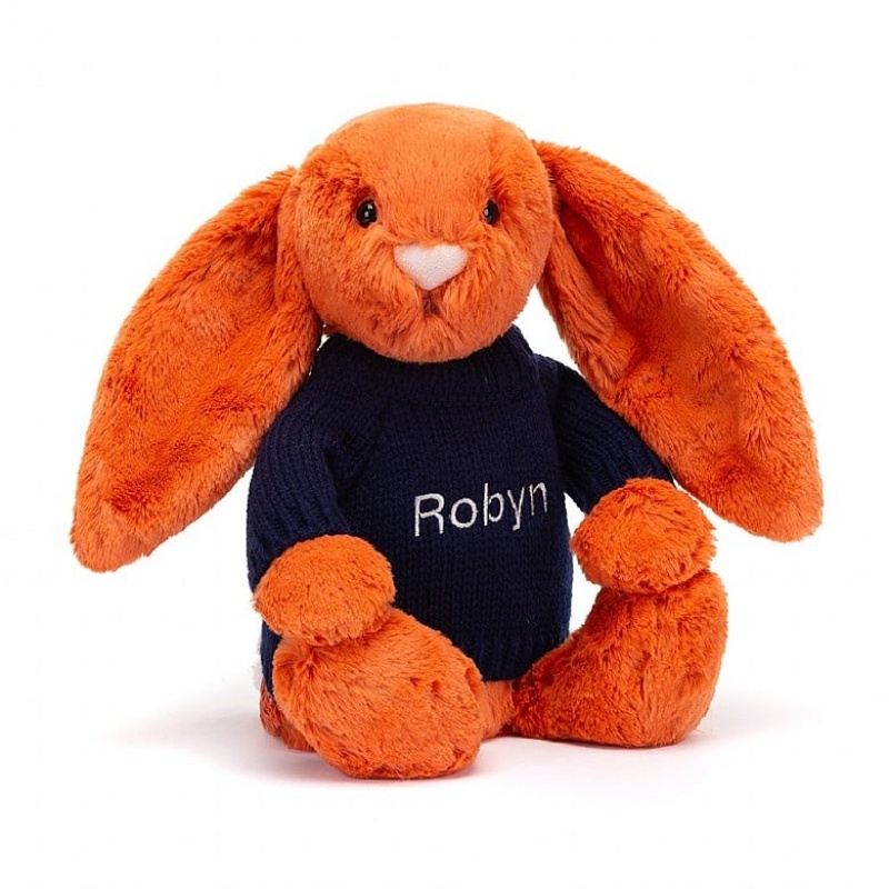 MEDIUM Jellycat Bashful Tangerine Bunny with Personalised Navy Jumper 31 CM X 12 CM, Jellycat USA | QR5937608