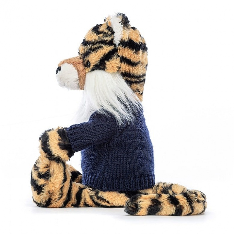 MEDIUM Jellycat Bashful Tiger with Personalised Navy Jumper 31 CM X 12 CM, Jellycat USA | WN1728649