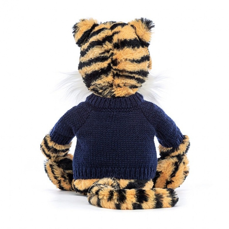 MEDIUM Jellycat Bashful Tiger with Personalised Navy Jumper 31 CM X 12 CM, Jellycat USA | WN1728649