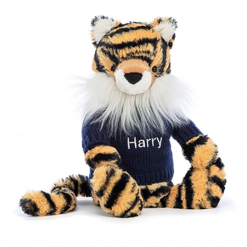 MEDIUM Jellycat Bashful Tiger with Personalised Navy Jumper 31 CM X 12 CM, Jellycat USA | WN1728649