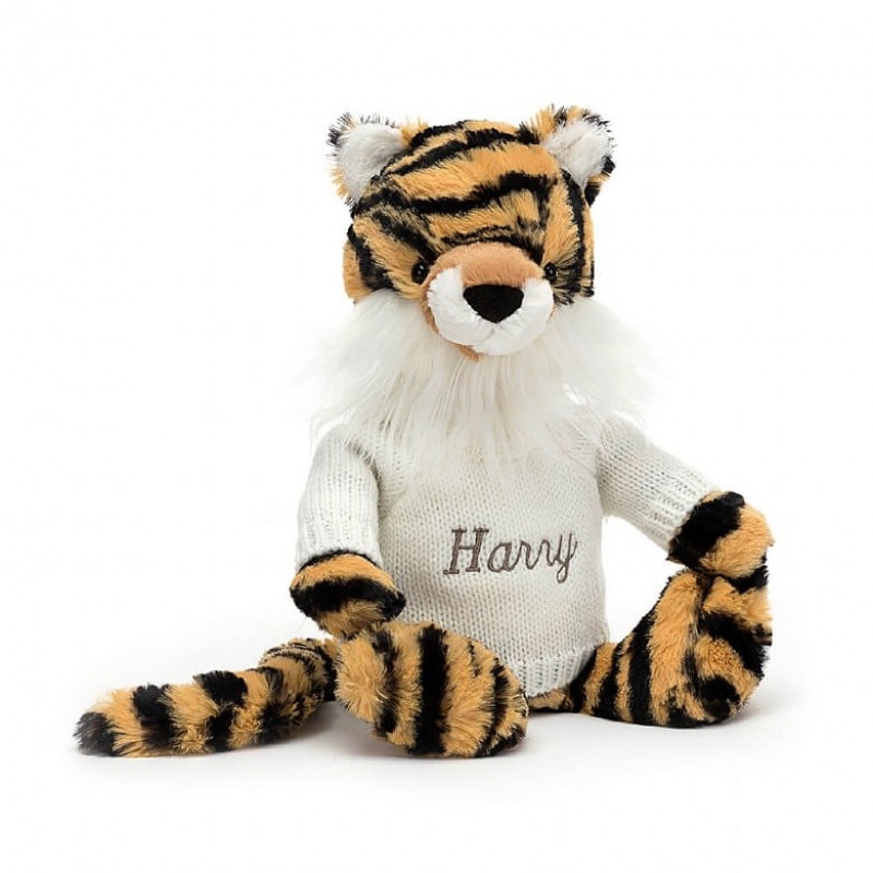 MEDIUM Jellycat Bashful Tiger with Personalised Cream Jumper 31 CM X 12 CM, Jellycat USA | FC9832401