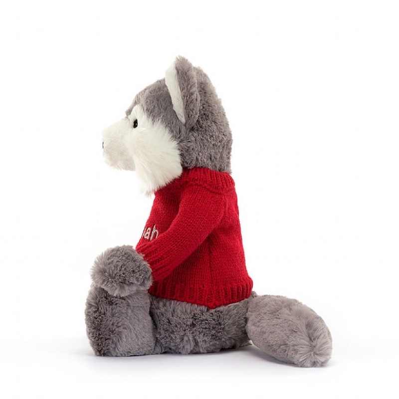 MEDIUM Jellycat Bashful Wolf with Personalised Red Jumper 31 CM X 12 CM, Jellycat USA | PH8710952