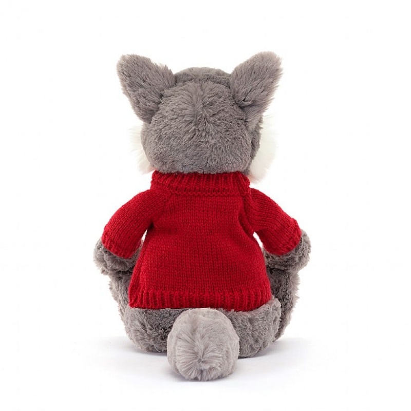 MEDIUM Jellycat Bashful Wolf with Personalised Red Jumper 31 CM X 12 CM, Jellycat USA | PH8710952