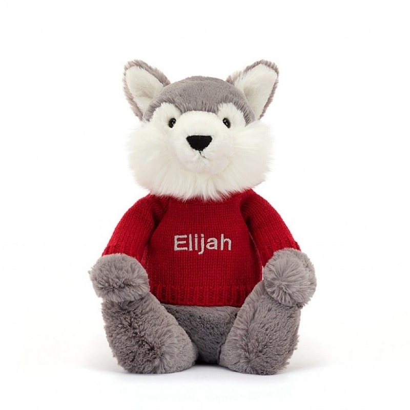 MEDIUM Jellycat Bashful Wolf with Personalised Red Jumper 31 CM X 12 CM, Jellycat USA | PH8710952