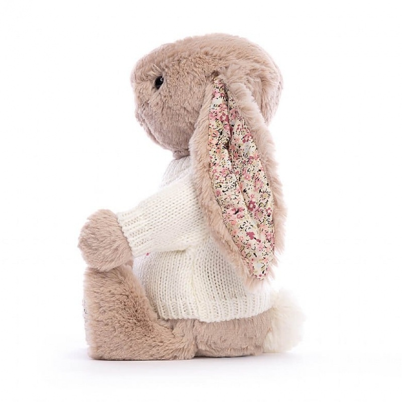 MEDIUM Jellycat Blossom Bea Beige Bunny with Personalised Cream Jumper 31 CM X 12 CM, Jellycat USA | YQ4870329