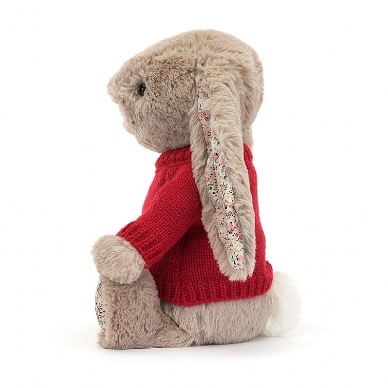 MEDIUM Jellycat Blossom Bea Beige Bunny with Personalised Red Jumper 31 CM X 12 CM, Jellycat USA | VX4081372