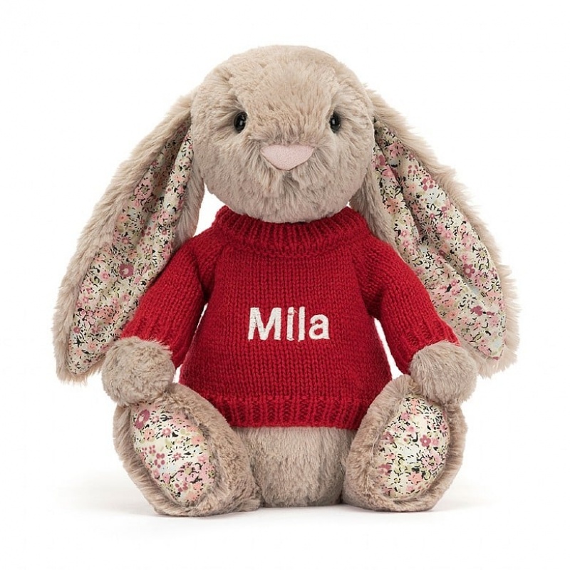 MEDIUM Jellycat Blossom Bea Beige Bunny with Personalised Red Jumper 31 CM X 12 CM, Jellycat USA | VX4081372