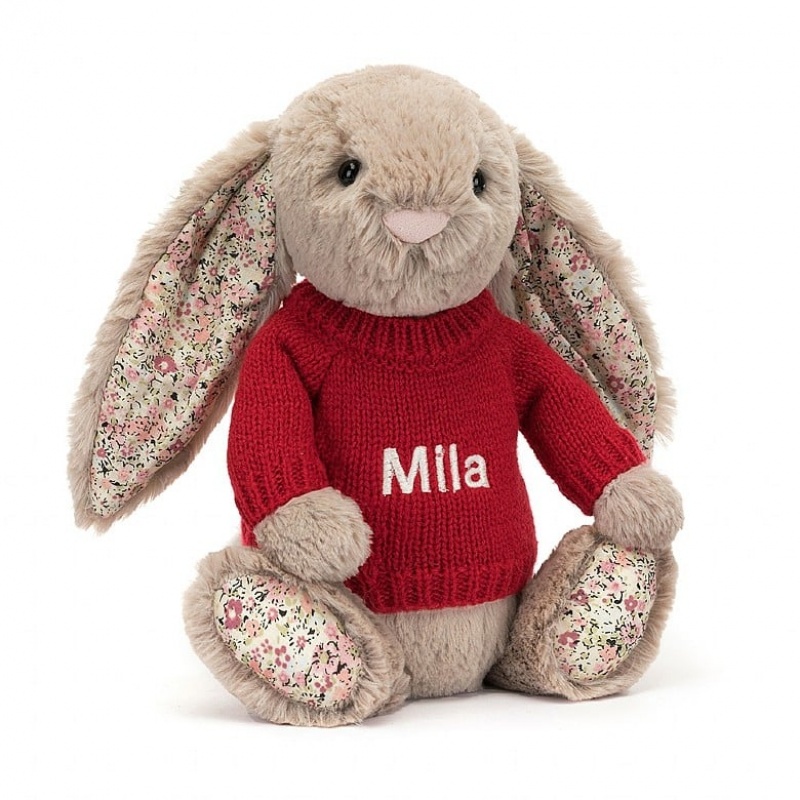 MEDIUM Jellycat Blossom Bea Beige Bunny with Personalised Red Jumper 31 CM X 12 CM, Jellycat USA | VX4081372