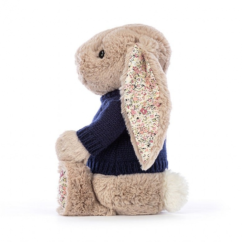 MEDIUM Jellycat Blossom Bea Beige Bunny with Personalised Navy Jumper 31 CM X 12 CM, Jellycat USA | WA6094278