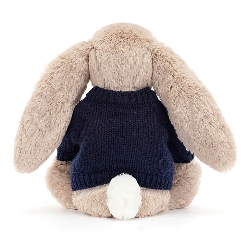 MEDIUM Jellycat Blossom Bea Beige Bunny with Personalised Navy Jumper 31 CM X 12 CM, Jellycat USA | WA6094278