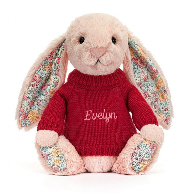 MEDIUM Jellycat Blossom Blush Bunny with Personalised Red Jumper 31 CM X 12 CM, Jellycat USA | VI4012793