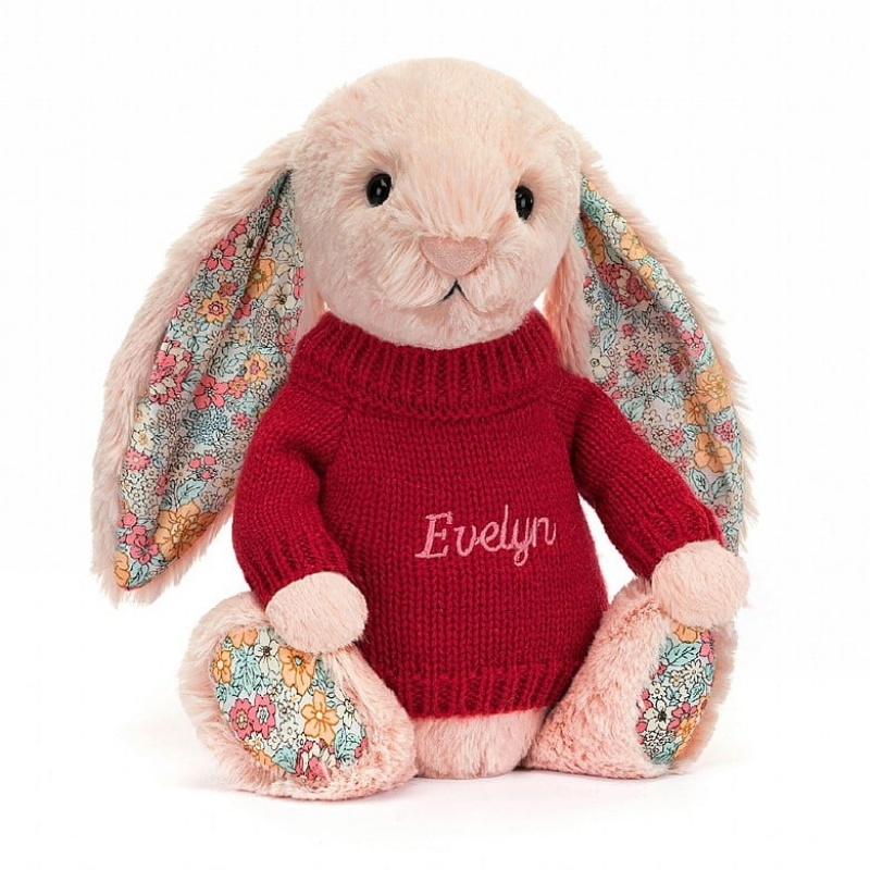 MEDIUM Jellycat Blossom Blush Bunny with Personalised Red Jumper 31 CM X 12 CM, Jellycat USA | VI4012793