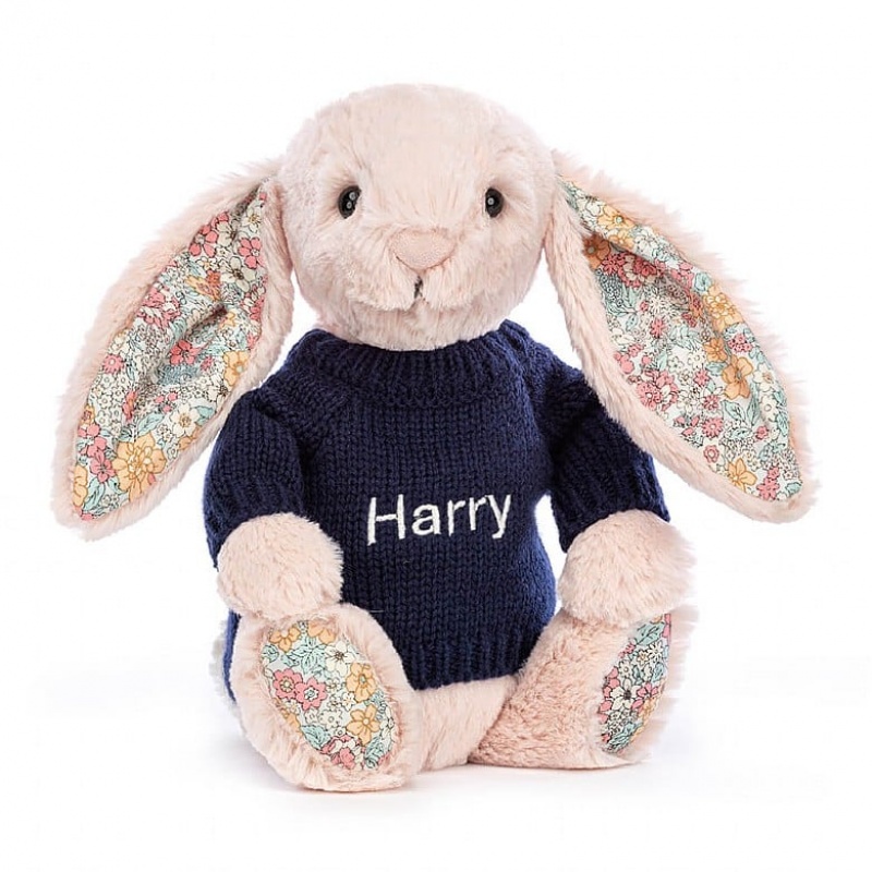 MEDIUM Jellycat Blossom Blush Bunny with Personalised Navy Jumper 31 CM X 12 CM, Jellycat USA | HB1732658