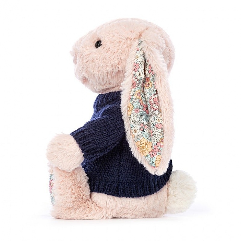 MEDIUM Jellycat Blossom Blush Bunny with Personalised Navy Jumper 31 CM X 12 CM, Jellycat USA | BL1307492