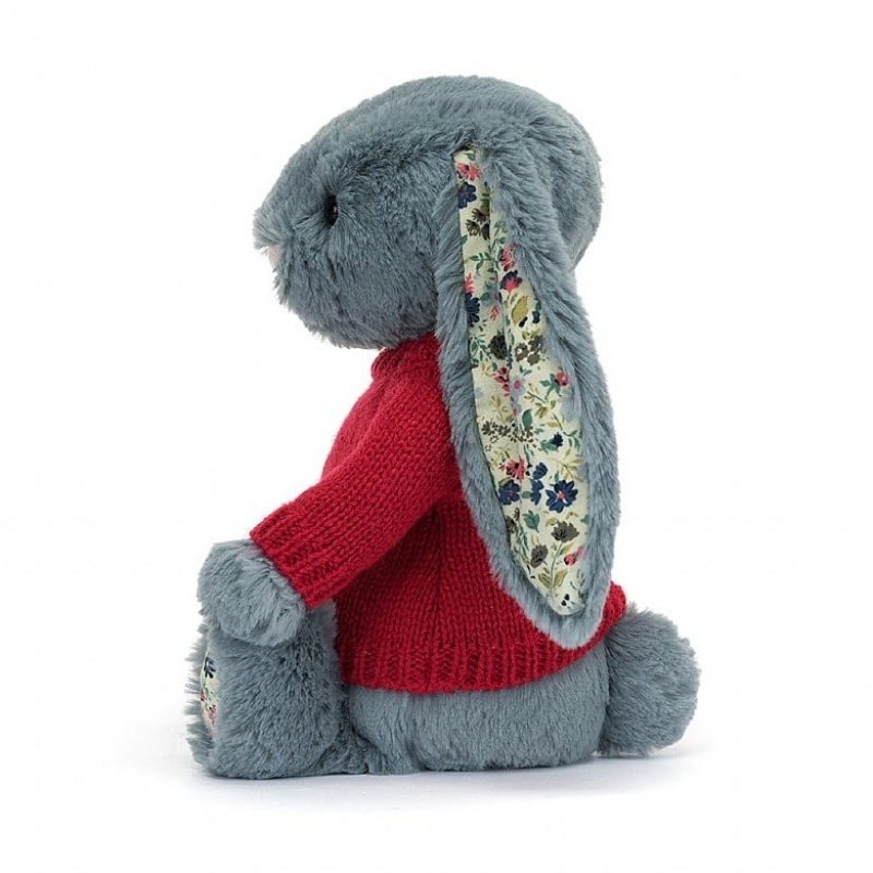 MEDIUM Jellycat Blossom Dusky Blue Bunny with Personalised Red Jumper 31 CM X 12 CM, Jellycat USA | IK0182745